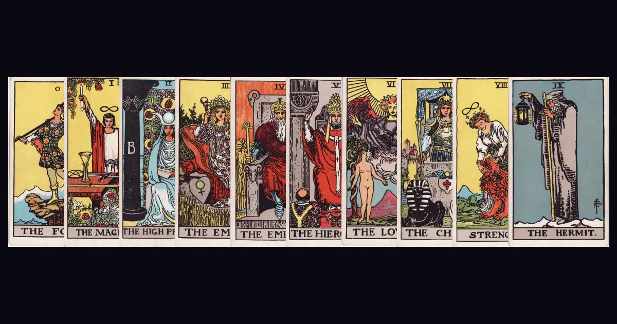 The first ten Major Arcana of the Rider–Waite–Smith deck laid in a row on a dark ground.