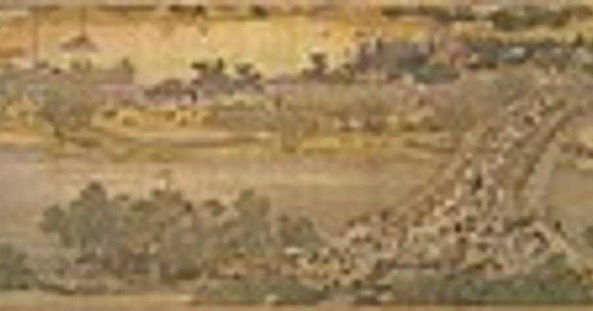 A section of the Qingming scroll showing riverside streets, shops and houses crowded with people going about their business.