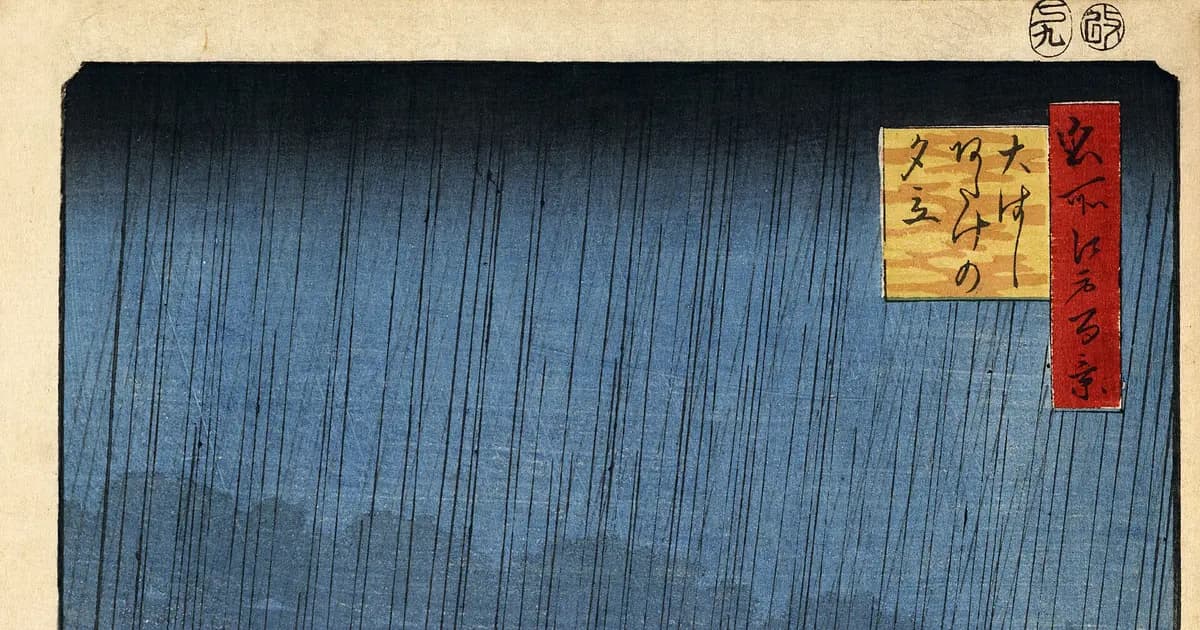 Hiroshige's woodblock print of a sudden downpour over the Shin-Ōhashi bridge, travellers hurrying under umbrellas.