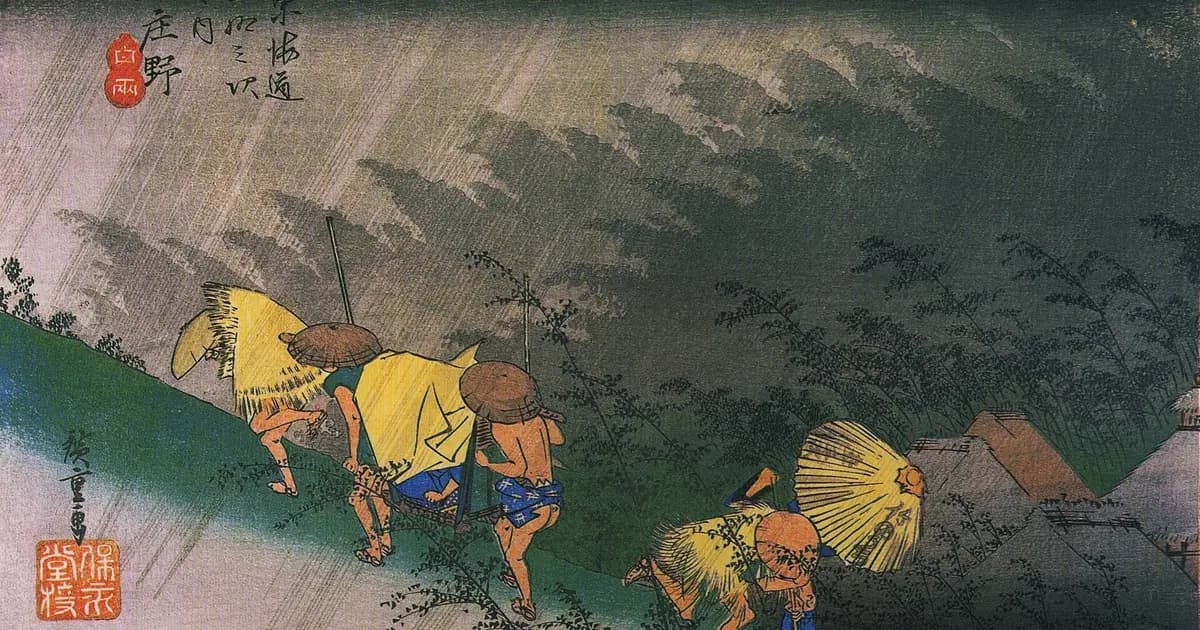 Tranh khắc gỗ của Hiroshige vẽ khách bộ hành bị cơn mưa bất chợt đuổi kịp giữa đường, mỗi người vội tìm chỗ trú.