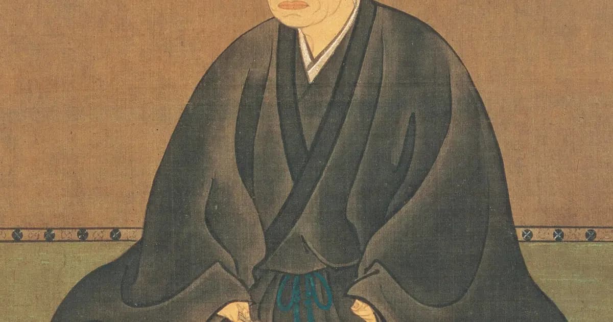 A portrait of Sen no Rikyu, the sixteenth-century tea master, seated in black robes with a calm expression.
