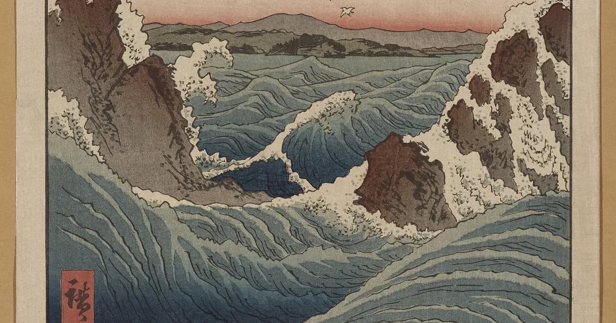Hiroshige's print of the Naruto whirlpools in Awa province: waves turning in great eddies among the rocks.