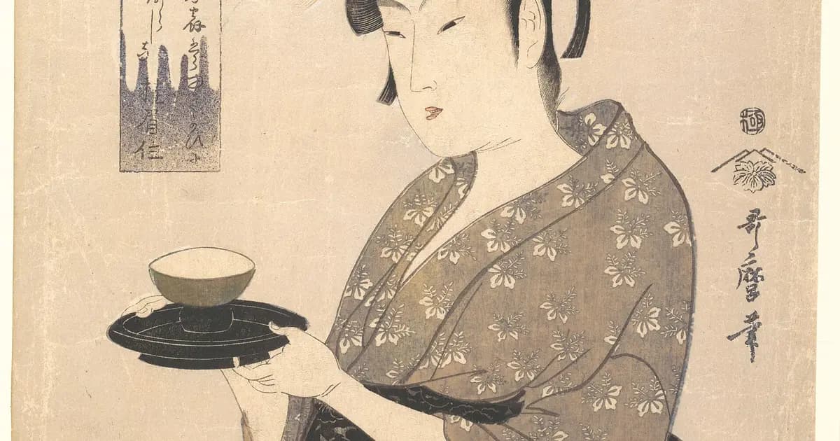 Tranh Utamaro vẽ Naniwaya Okita, cô phục vụ nổi tiếng của một quán trà ở Edo, tay bưng khay trà, dáng nhẹ nhàng.