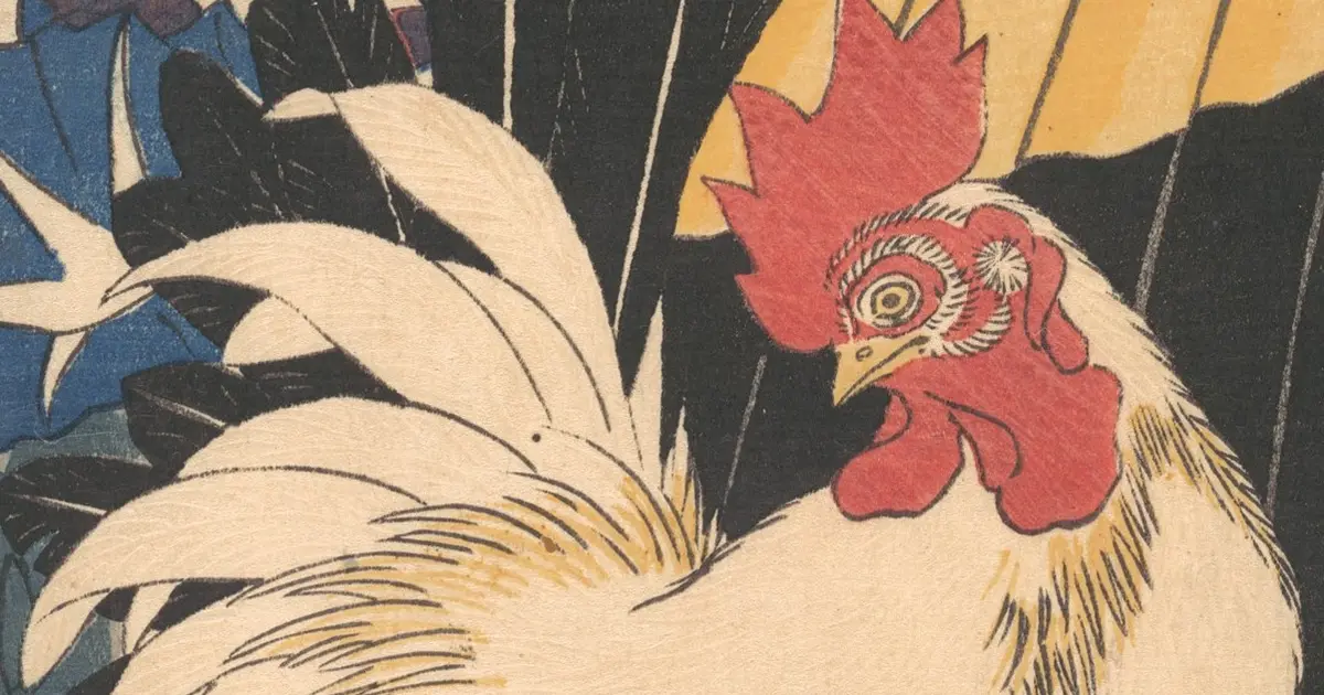 Tranh khắc cổ minh họa cho bài: 歌川広重画 朝顔に鶏と傘.
