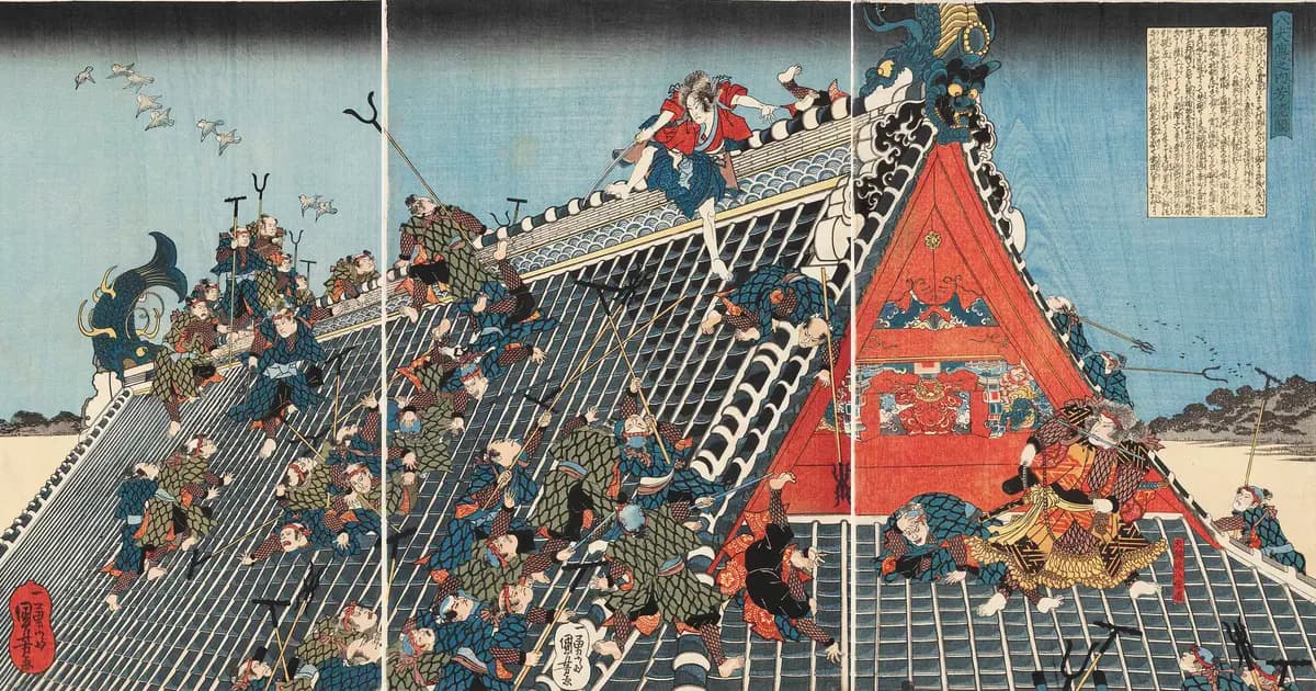 Tranh khắc cổ minh họa cho bài: Fight-atop-Horyukaku-the-Hakkenden-Tale-Utagawa-Kuniyoshi-c1840.