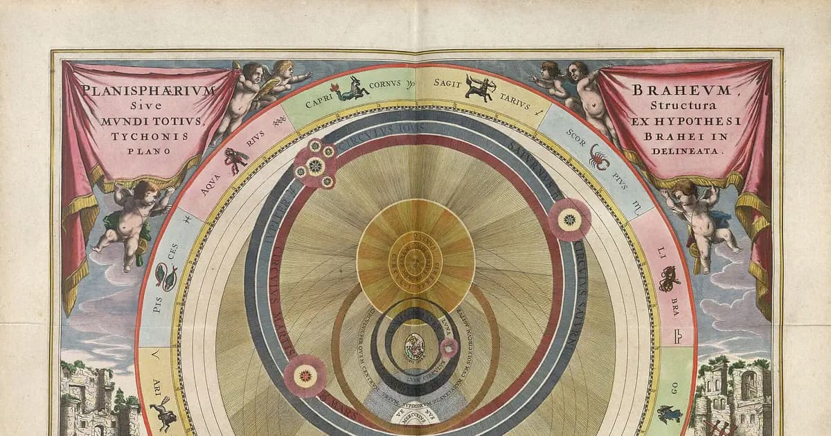 A celestial chart from Andreas Cellarius's Harmonia Macrocosmica, the zodiac constellations painted round two hemispheres.