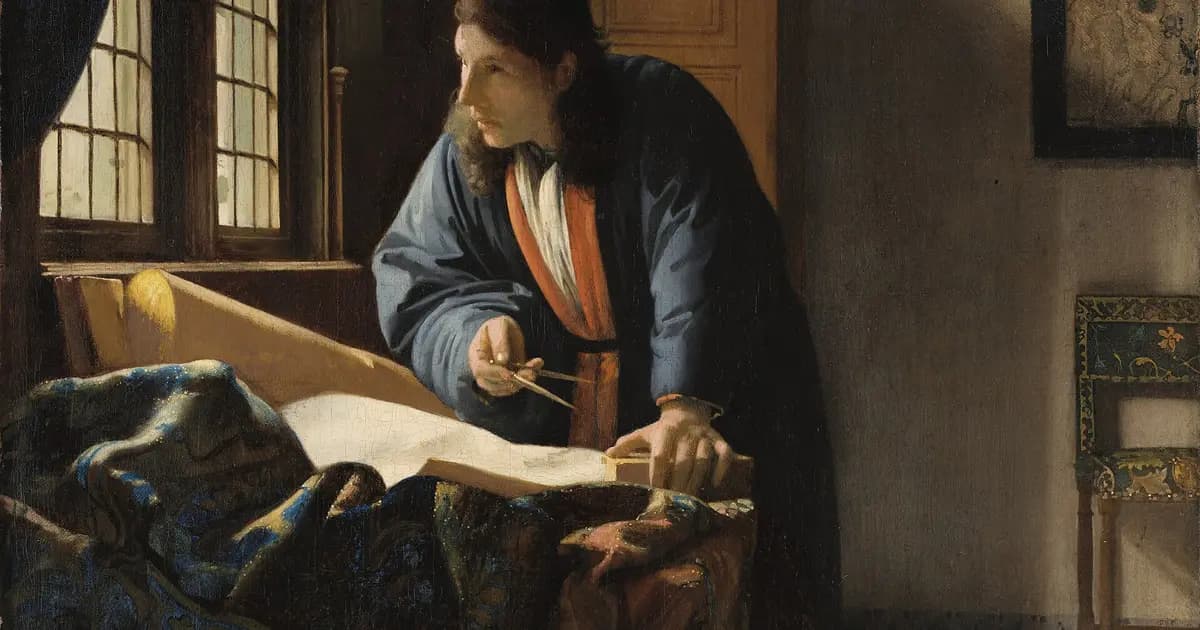 Tranh Vermeer vẽ một nhà địa lý đứng bên cửa sổ, tay cầm com-pa, bản đồ trải trên bàn, mắt nhìn ra ngoài.