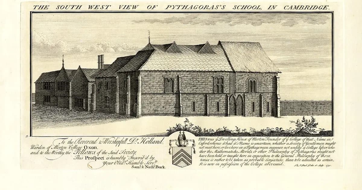 Bản khắc năm 1730 của anh em nhà Buck vẽ ngôi nhà đá cổ ở Cambridge có tên Trường Pythagoras.