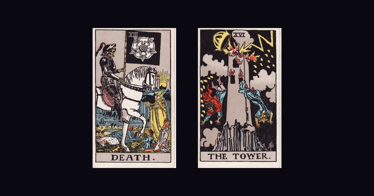 Hai lá Ẩn Chính Death và The Tower của bộ Rider–Waite–Smith đặt cạnh nhau trên nền tối.