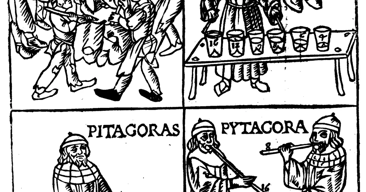 A 1492 woodcut of Pythagoras striking numbered glasses of water and playing numbered pipes, beside smiths hammering at an anvil.