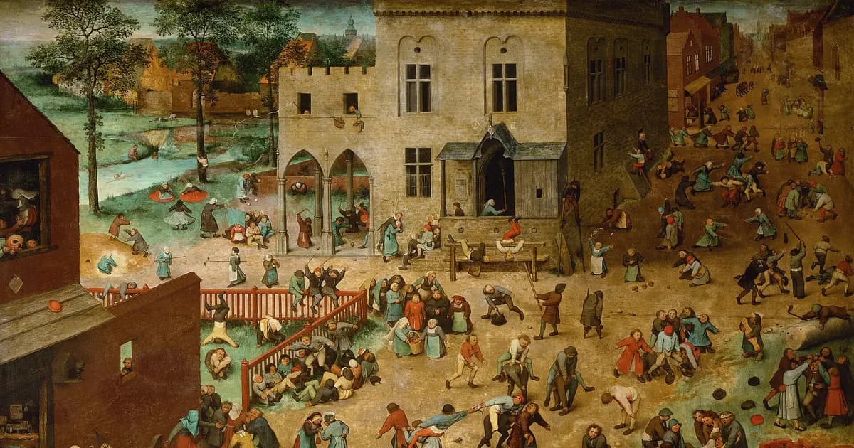 Bruegel's Children's Games: hundreds of children in a town square, each group playing a different game.