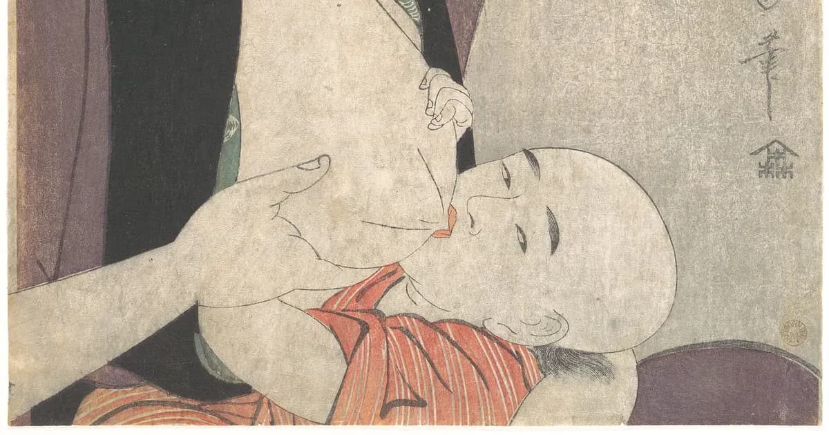 Tranh Utamaro vẽ người mẹ bế con, hai gương mặt sát nhau, nét vẽ đơn giản trên nền trống.
