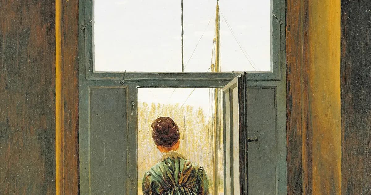 Tranh Người phụ nữ bên cửa sổ của Caspar David Friedrich: một người phụ nữ đứng quay lưng, nhìn ra cửa sổ về phía dòng sông và những cột buồm.