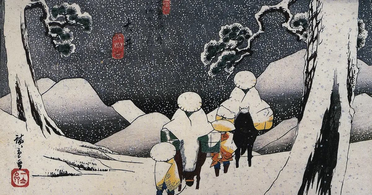 A Hiroshige woodblock print: travellers on horseback moving through snow, the road ahead blurred white.