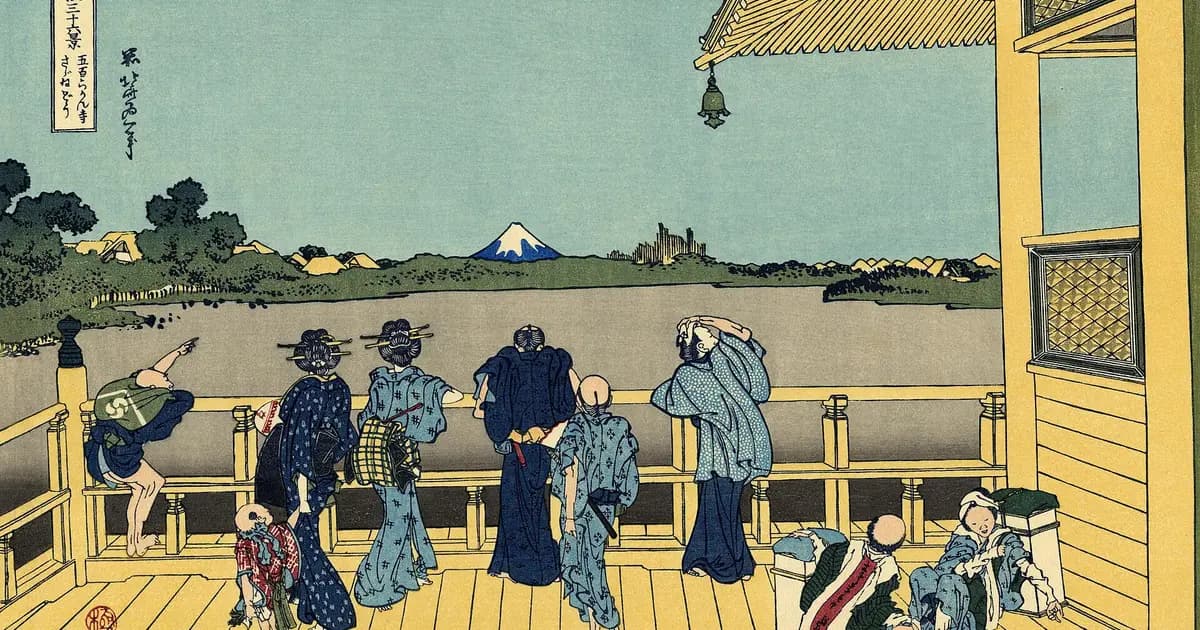 Hokusai's print of the Sazai hall balcony at the Temple of Five Hundred Rakan, people pointing towards a distant Mount Fuji.