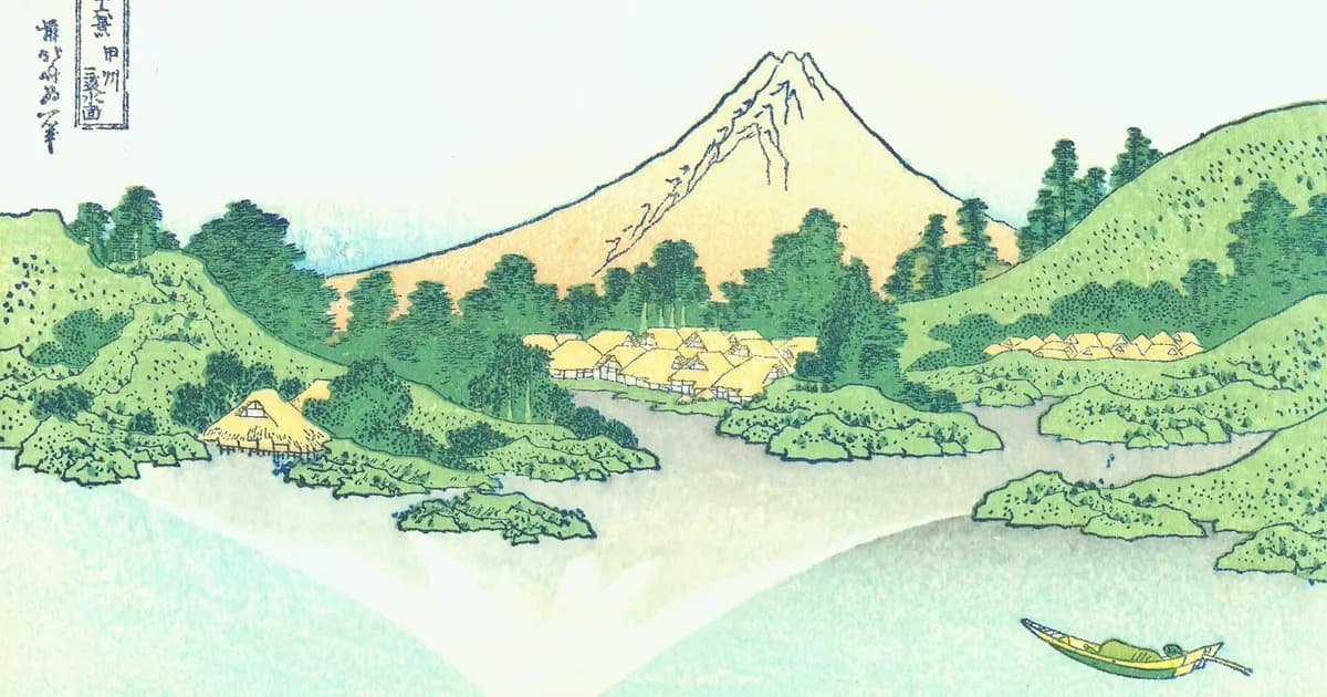 Tranh Hokusai vẽ núi Phú Sĩ in bóng trên mặt hồ Kawaguchi nhìn từ đèo Misaka, mặt nước phẳng lặng.