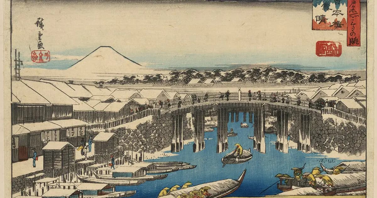 Tranh Hiroshige vẽ cầu Nihonbashi sau cơn tuyết: chợ cá buổi sáng, người gánh hàng qua lại, núi Phú Sĩ trắng ở phía xa.
