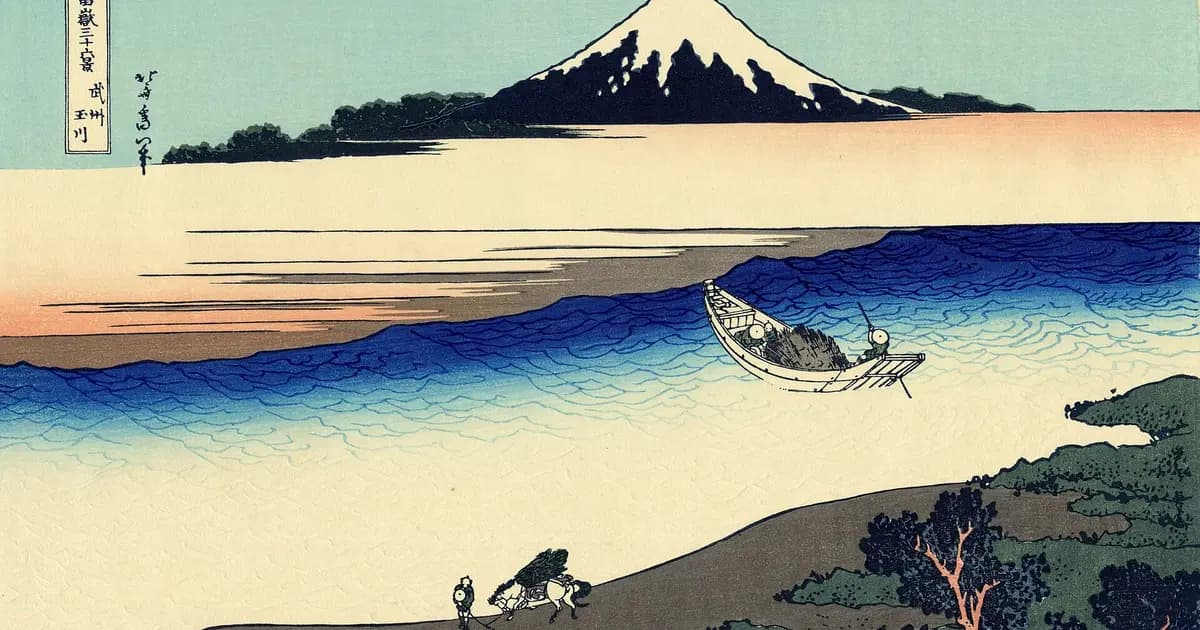 Hokusai's print of the Tama River in Musashi province: a broad calm river, a rider on the bank, a small ferry, Fuji behind.