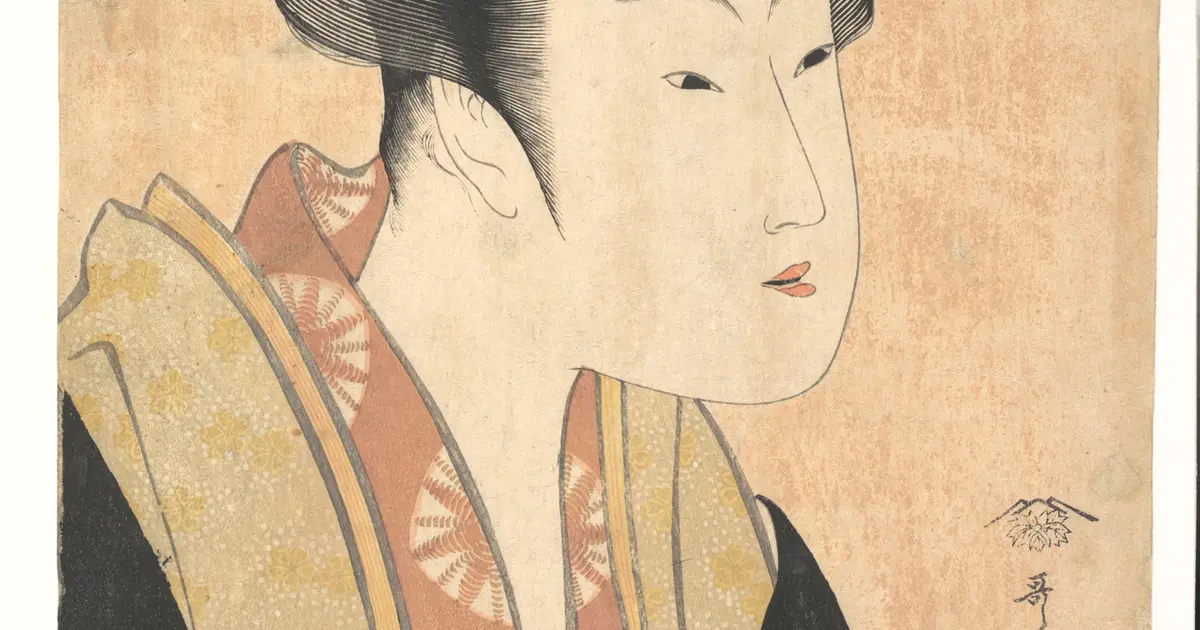 Tranh Kitagawa Utamaro vẽ một thiếu nữ đang đọc thư, hai tay cầm tờ giấy dài, dáng chăm chú.