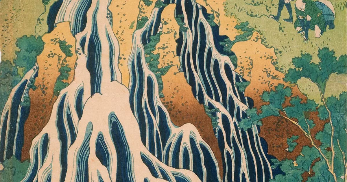 Tranh Hokusai vẽ thác Kirifuri trên núi Kurokami, nước đổ thành nhiều nhánh, vài người hành hương nhỏ bé đứng ngắm dưới chân thác.