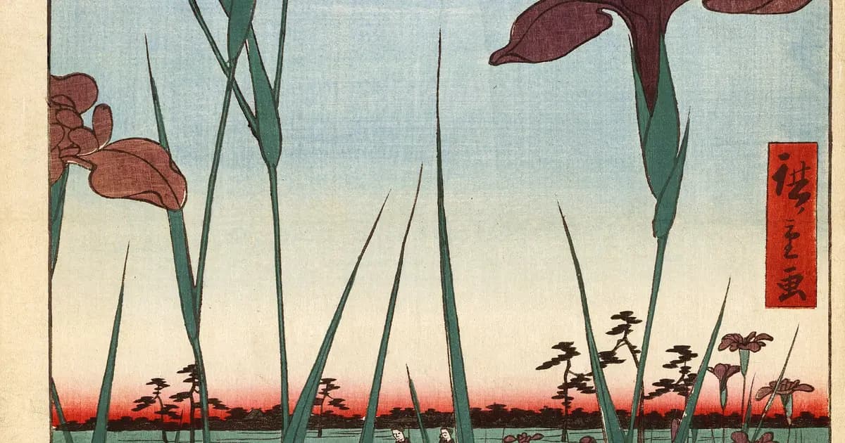 Hiroshige's 1857 print of the iris garden at Horikiri: clumps of purple and white irises growing in waterlogged ground, strollers beyond.