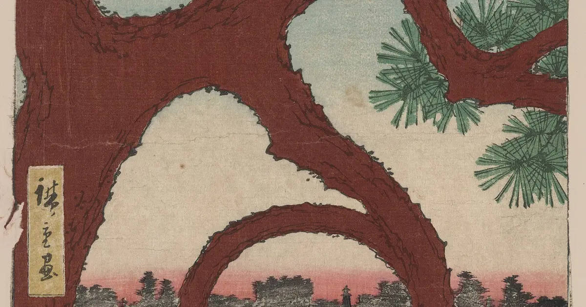 Tranh khắc gỗ của Hiroshige: cây thông ở Ueno với cành uốn thành một vòng tròn, vầng trăng treo lọt trong vòng ấy.